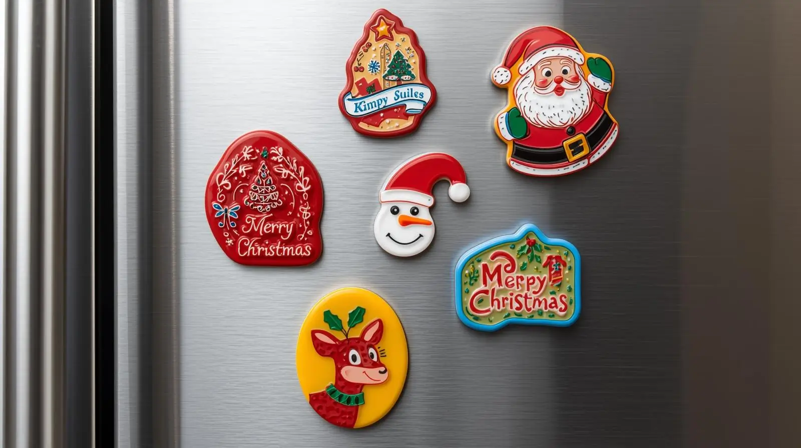 acrylic fridge magnets on a stainless steel fridge door.