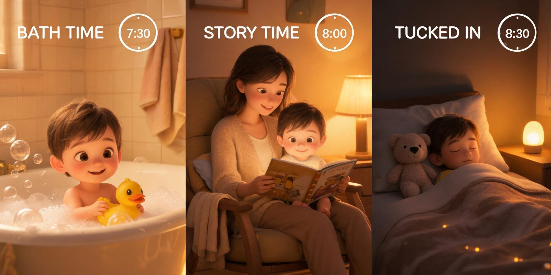 Kids bedtime routine with warm LED night lights creating a calming sleep environment