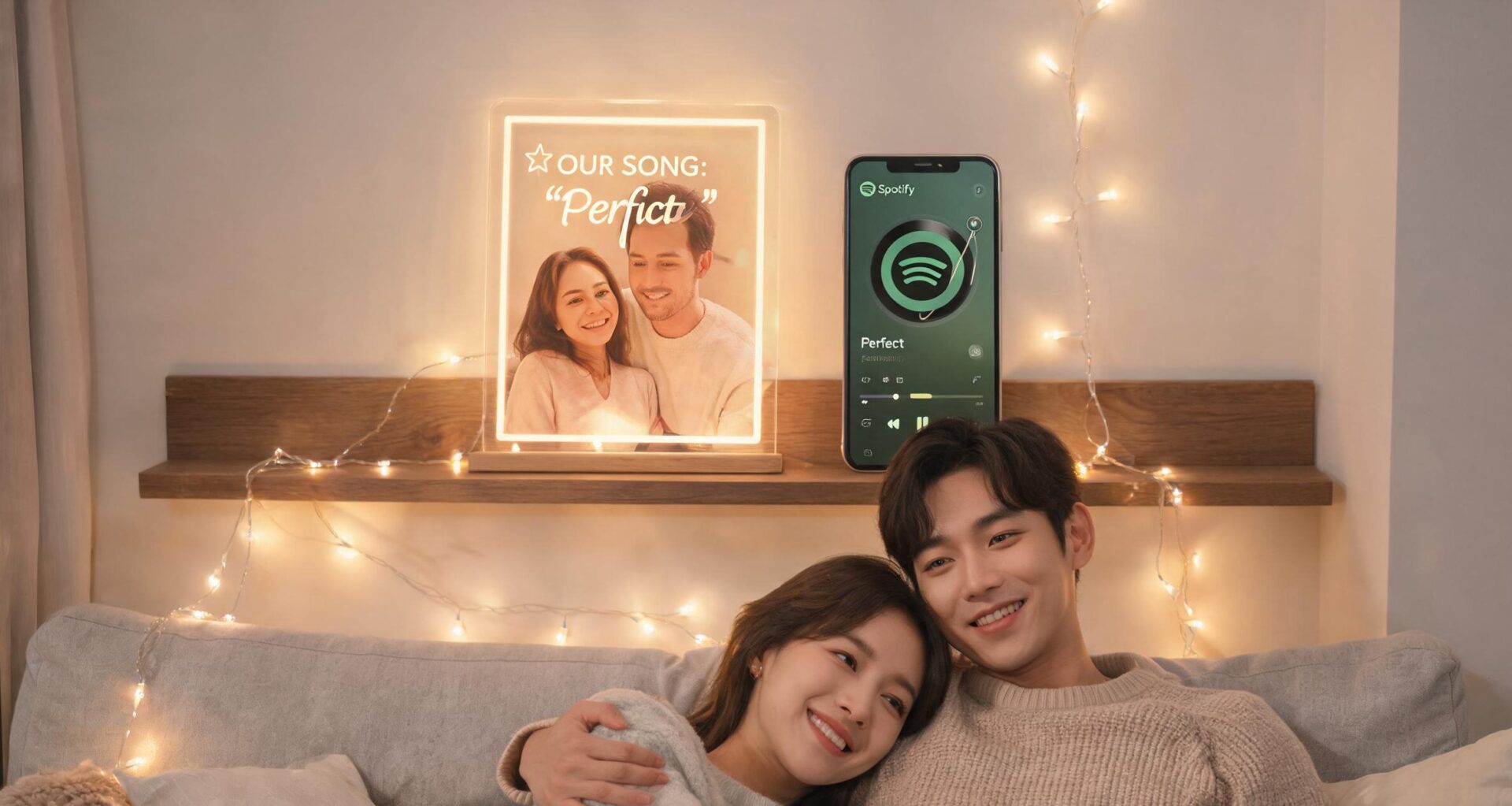 The Rise of Spotify Code Plaques as Couple's Keepsakes 3 Spotify code plaque displayed as a couple's keepsake with warm LED lighting