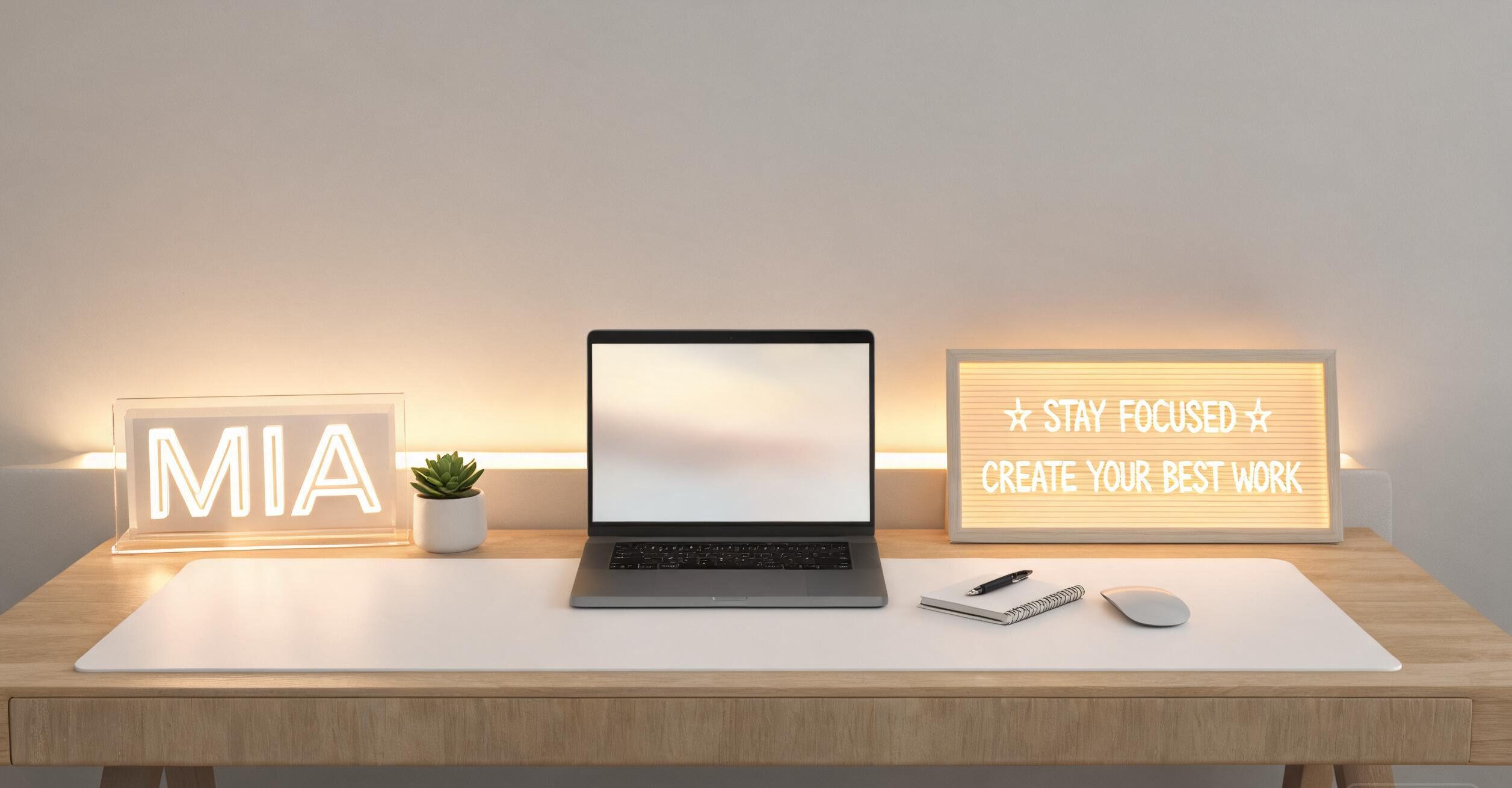 5 Home Office Desk Upgrades That Boost Productivity 3 Productive home office desk with LED desk sign and message board upgrades