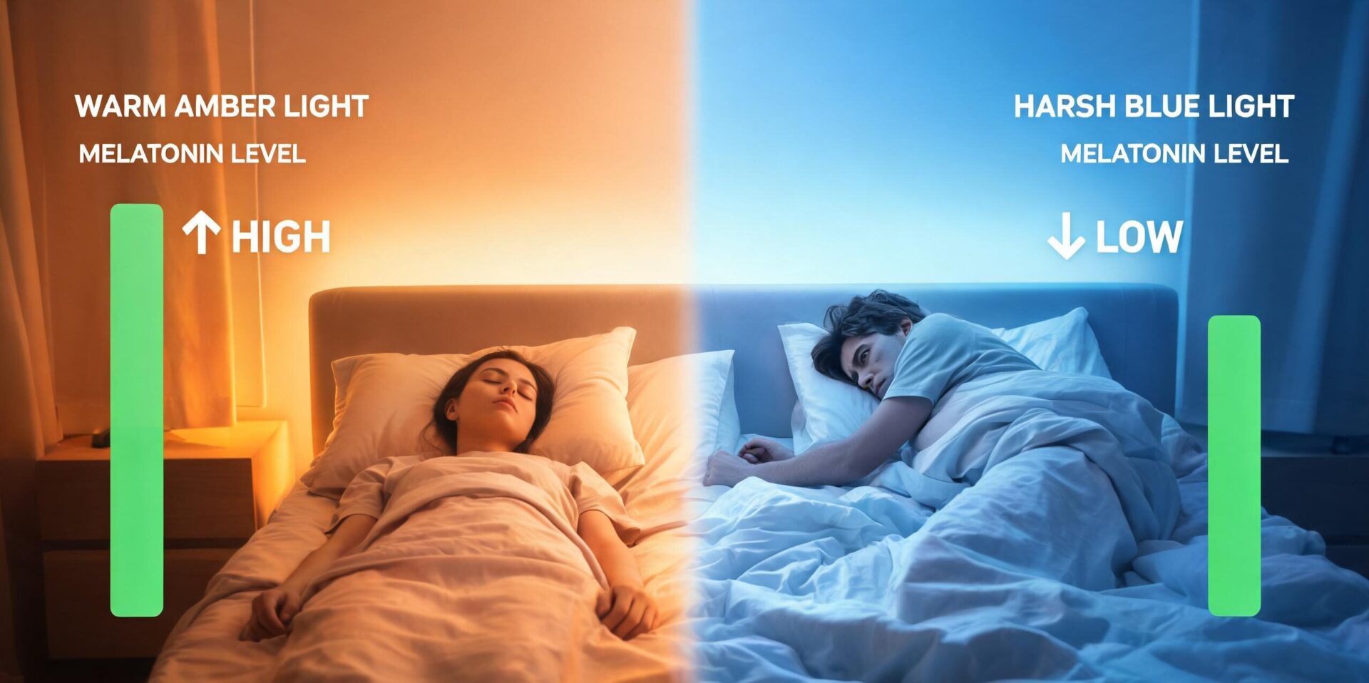 Warm LED light creating a cozy sleep environment in a bedroom