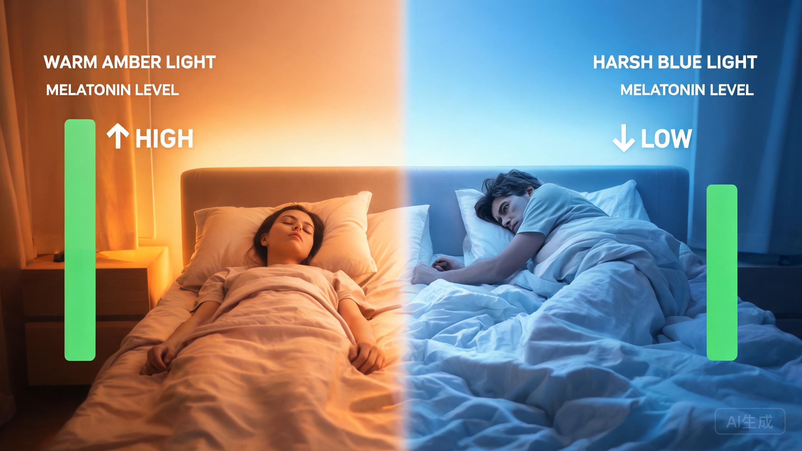 Warm LED light creating a cozy sleep environment in a bedroom